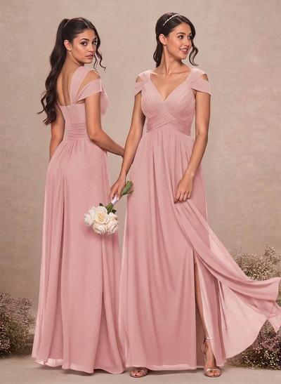 V-Neck Sleeveless Floor-Length Chiffon Bridesmaid Dresses With Split Front