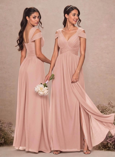 V-Neck Sleeveless Floor-Length Chiffon Bridesmaid Dresses With Split Front
