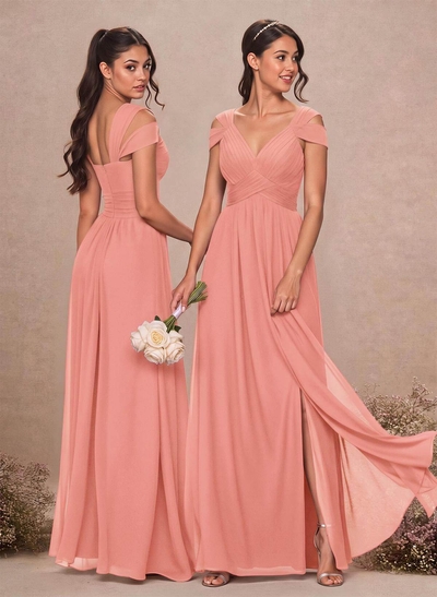 V-Neck Sleeveless Floor-Length Chiffon Bridesmaid Dresses With Split Front