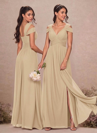 V-Neck Sleeveless Floor-Length Chiffon Bridesmaid Dresses With Split Front