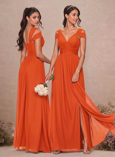 V-Neck Sleeveless Floor-Length Chiffon Bridesmaid Dresses With Split Front