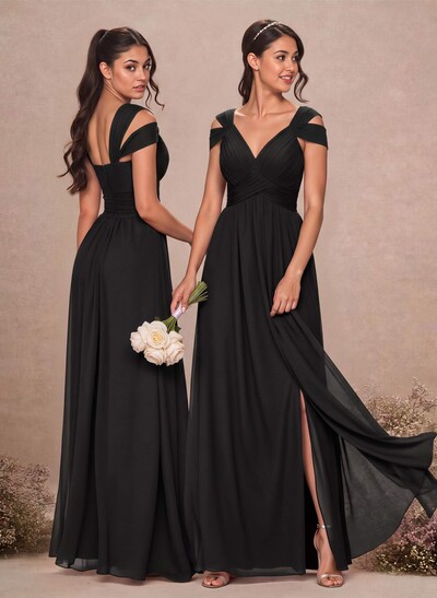 V-Neck Sleeveless Floor-Length Chiffon Bridesmaid Dresses With Split Front