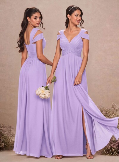 V-Neck Sleeveless Floor-Length Chiffon Bridesmaid Dresses With Split Front
