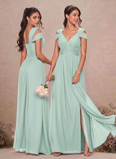 V-Neck Sleeveless Floor-Length Chiffon Bridesmaid Dresses With Split Front