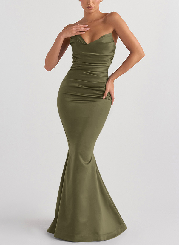 Trumpet/Mermaid V-Neck Sleeveless Floor-Length Matte Satin Bridesmaid Dresses