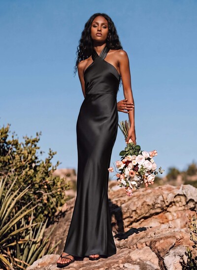 Sheath/Column Halter Sleeveless Stretch Satin Bridesmaid Dresses