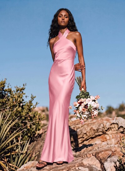 Sheath/Column Halter Sleeveless Stretch Satin Bridesmaid Dresses