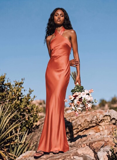 Sheath/Column Halter Sleeveless Stretch Satin Bridesmaid Dresses