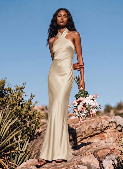 Sheath/Column Halter Sleeveless Stretch Satin Bridesmaid Dresses