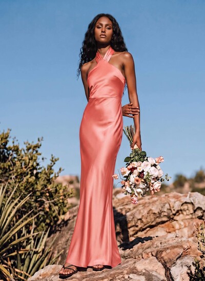 Sheath/Column Halter Sleeveless Stretch Satin Bridesmaid Dresses