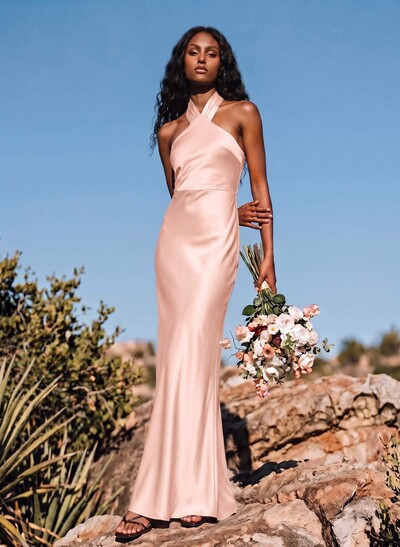 Sheath/Column Halter Sleeveless Stretch Satin Bridesmaid Dresses