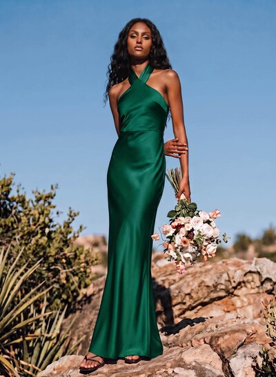 Sheath/Column Halter Sleeveless Stretch Satin Bridesmaid Dresses