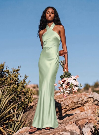 Sheath/Column Halter Sleeveless Stretch Satin Bridesmaid Dresses