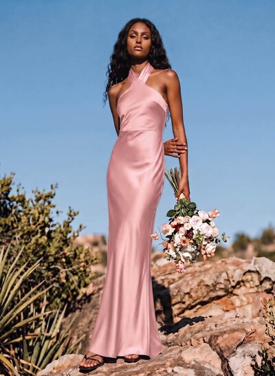 Sheath/Column Halter Sleeveless Stretch Satin Bridesmaid Dresses