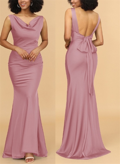 Trumpet/Mermaid Cowl Neck Sleeveless Silk Like Satin Bridesmaid Dresses With Bow(s)