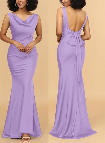 Trumpet/Mermaid Cowl Neck Sleeveless Silk Like Satin Bridesmaid Dresses With Bow(s)