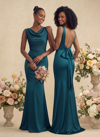 Trumpet/Mermaid Cowl Neck Sleeveless Stretch Satin Bridesmaid Dresses With Bow(s)