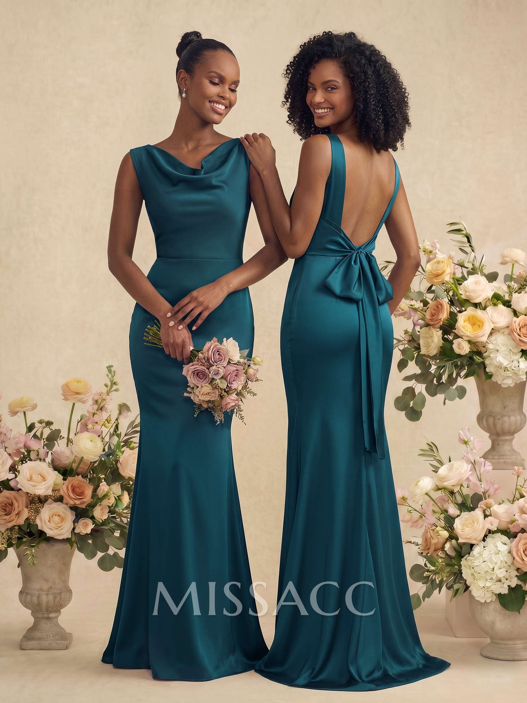 Trumpet/Mermaid Cowl Neck Sleeveless Stretch Satin Bridesmaid Dresses With Bow(s) Trumpet/Mermaid Cowl Neck Sleeveless Stretch Satin Bridesmaid Dresses With Bow(s)