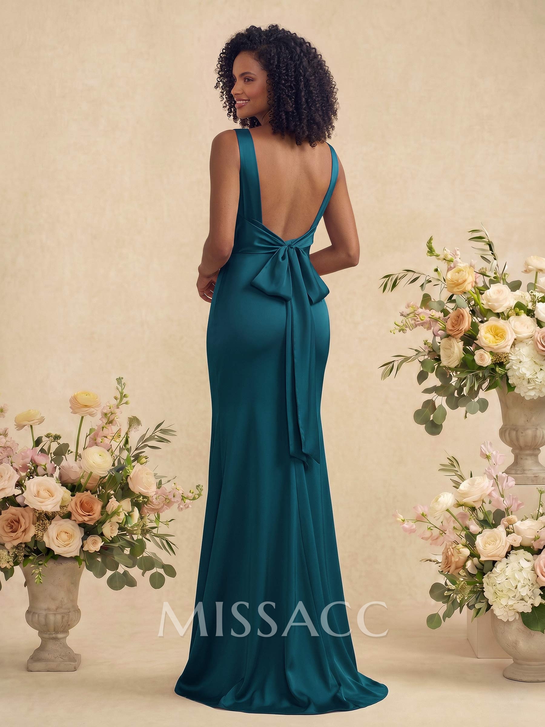 Trumpet/Mermaid Cowl Neck Sleeveless Stretch Satin Bridesmaid Dresses With Bow(s) Trumpet/Mermaid Cowl Neck Sleeveless Stretch Satin Bridesmaid Dresses With Bow(s)