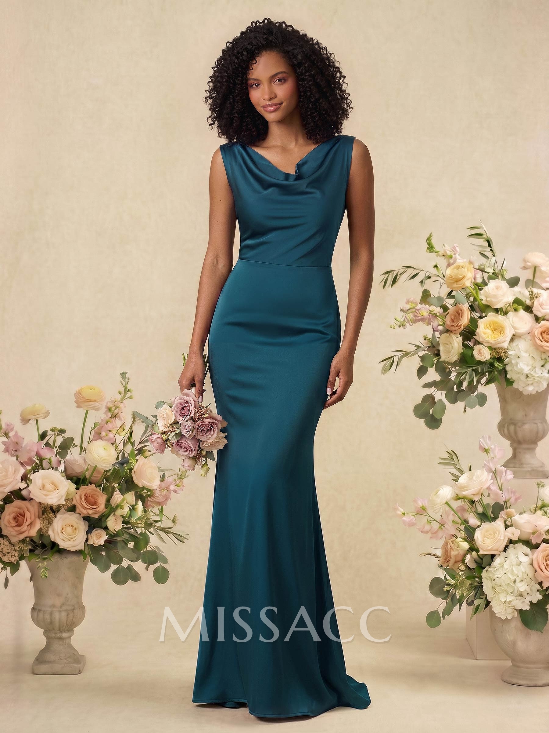 Trumpet/Mermaid Cowl Neck Sleeveless Stretch Satin Bridesmaid Dresses With Bow(s) Trumpet/Mermaid Cowl Neck Sleeveless Stretch Satin Bridesmaid Dresses With Bow(s)