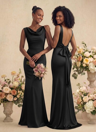 Trumpet/Mermaid Cowl Neck Sleeveless Stretch Satin Bridesmaid Dresses With Bow(s)