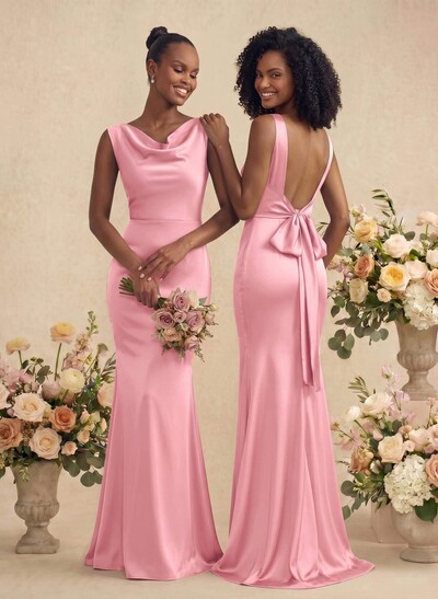 Trumpet/Mermaid Cowl Neck Sleeveless Stretch Satin Bridesmaid Dresses With Bow(s)