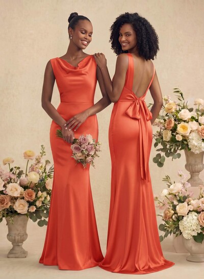 Trumpet/Mermaid Cowl Neck Sleeveless Stretch Satin Bridesmaid Dresses With Bow(s)