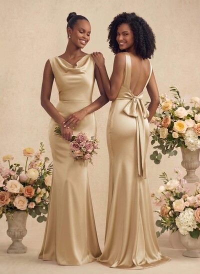 Trumpet/Mermaid Cowl Neck Sleeveless Stretch Satin Bridesmaid Dresses With Bow(s)