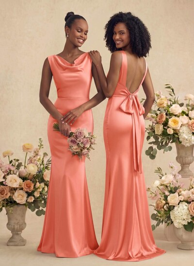 Trumpet/Mermaid Cowl Neck Sleeveless Stretch Satin Bridesmaid Dresses With Bow(s)