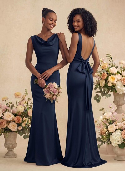 Trumpet/Mermaid Cowl Neck Sleeveless Stretch Satin Bridesmaid Dresses With Bow(s)