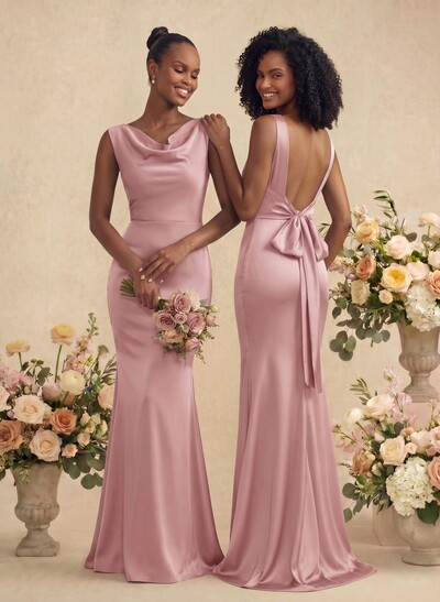 Trumpet/Mermaid Cowl Neck Sleeveless Stretch Satin Bridesmaid Dresses With Bow(s)