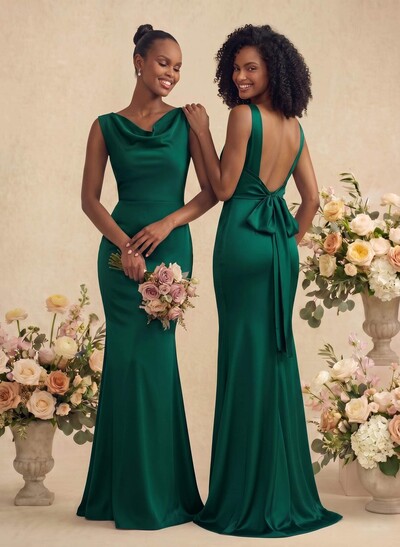 Trumpet/Mermaid Cowl Neck Sleeveless Stretch Satin Bridesmaid Dresses With Bow(s)