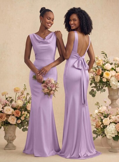 Trumpet/Mermaid Cowl Neck Sleeveless Stretch Satin Bridesmaid Dresses With Bow(s)
