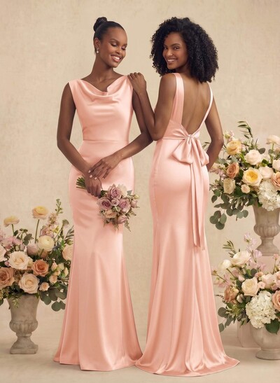 Trumpet/Mermaid Cowl Neck Sleeveless Stretch Satin Bridesmaid Dresses With Bow(s)
