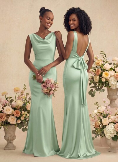 Trumpet/Mermaid Cowl Neck Sleeveless Stretch Satin Bridesmaid Dresses With Bow(s)