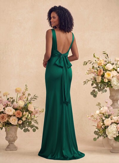 Trumpet/Mermaid Cowl Neck Sleeveless Stretch Satin Bridesmaid Dresses With Bow(s)