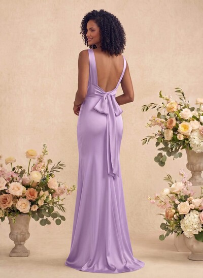 Trumpet/Mermaid Cowl Neck Sleeveless Stretch Satin Bridesmaid Dresses With Bow(s)