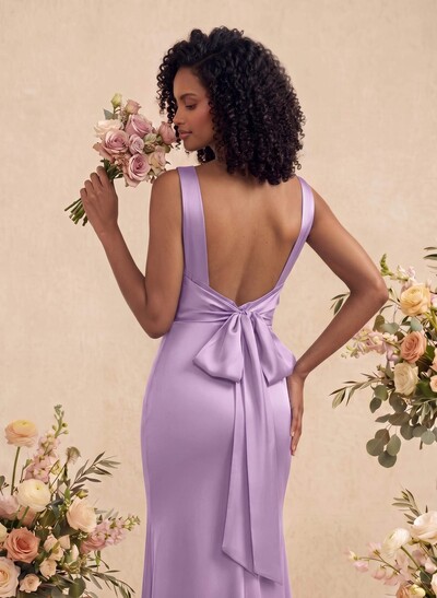 Trumpet/Mermaid Cowl Neck Sleeveless Stretch Satin Bridesmaid Dresses With Bows