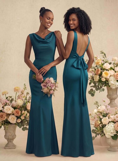 Trumpet/Mermaid Cowl Neck Sleeveless Stretch Satin Bridesmaid Dresses With Bow(s)
