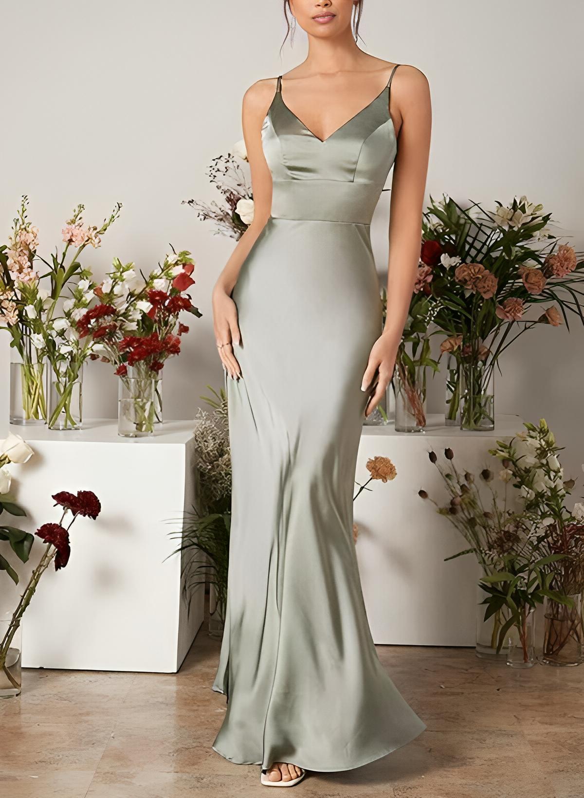 Mermaid V-Neck Sleeveless Floor-Length Charmeuse Bridesmaid Dresses