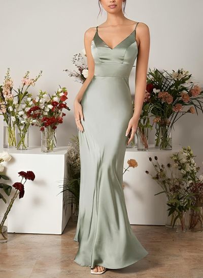 Mermaid V-Neck Sleeveless Floor-Length Charmeuse Bridesmaid Dresses