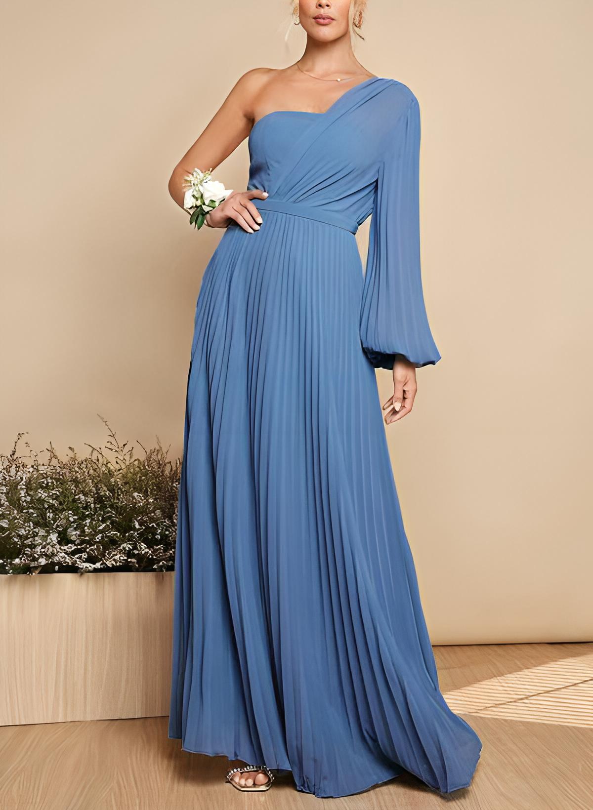 A-Line One-Shoulder Long Sleeves Floor-Length Chiffon Bridesmaid Dresses With Pleated