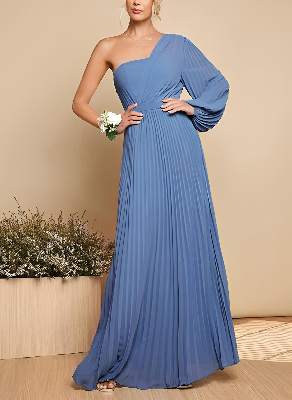 A-Line One-Shoulder Long Sleeves Floor-Length Chiffon Bridesmaid Dresses With Pleated