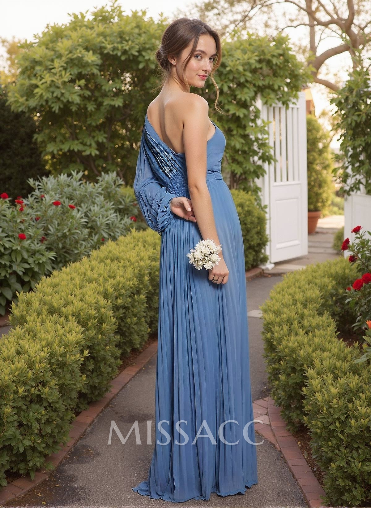 A-Line One-Shoulder Long Sleeves Floor-Length Chiffon Bridesmaid Dresses With Pleated A-Line One-Shoulder Long Sleeves Floor-Length Chiffon Bridesmaid Dresses With Pleated
