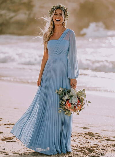 A-Line One-Shoulder Long Sleeves Floor-Length Chiffon Bridesmaid Dresses With Pleated