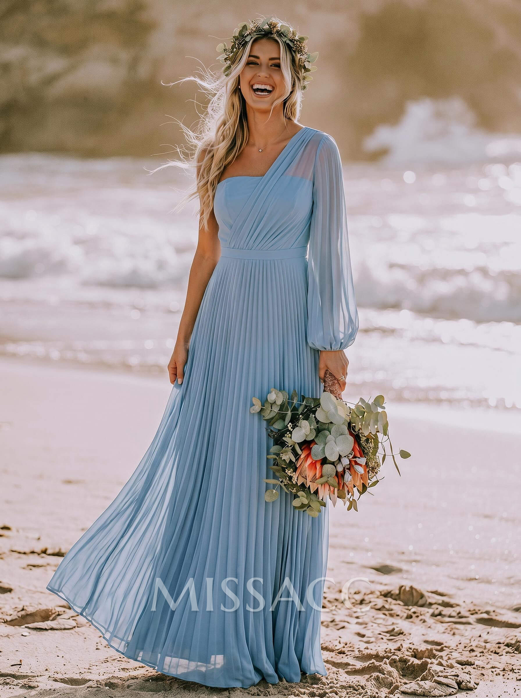 A-Line One-Shoulder Long Sleeves Floor-Length Chiffon Bridesmaid Dresses With Pleated