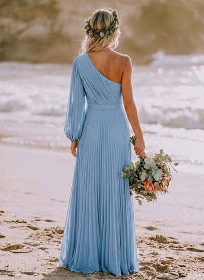 A-Line One-Shoulder Long Sleeves Floor-Length Chiffon Bridesmaid Dresses With Pleated