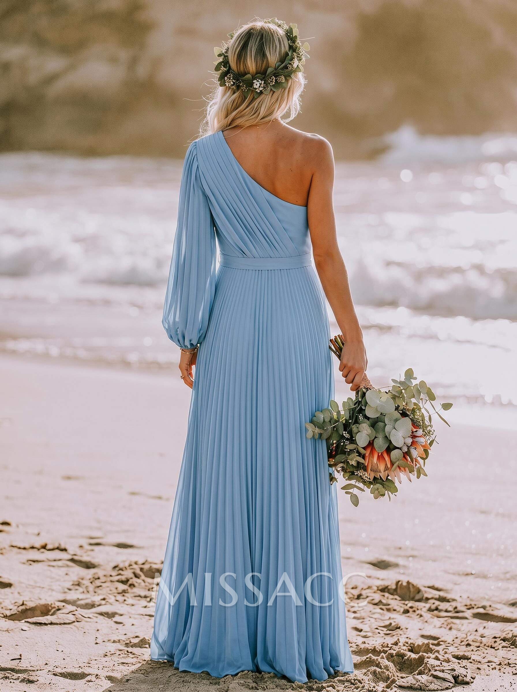A-Line One-Shoulder Long Sleeves Floor-Length Chiffon Bridesmaid Dresses With Pleated