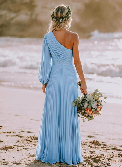 A-Line One-Shoulder Long Sleeves Floor-Length Chiffon Bridesmaid Dresses With Pleated