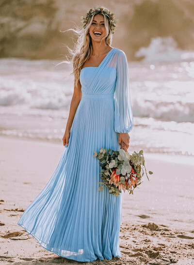 A-Line One-Shoulder Long Sleeves Floor-Length Chiffon Bridesmaid Dresses With Pleated